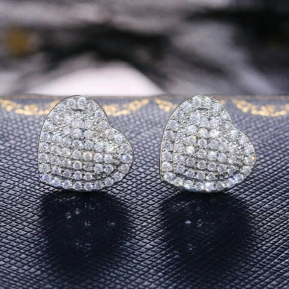 Women's Heart Shape Stud Earrings 14K White Gold Plated Silver 2Ct Round Brilliant Cut Lab Created Diamond