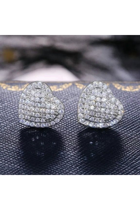 Women's Heart Shape Stud Earrings 14K White Gold Plated Silver 2Ct Round Brilliant Cut Lab Created Diamond