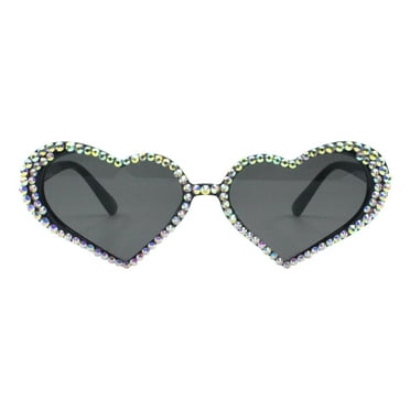 Women's Heart Shape Sunglasses Colorful AB Rhinestones UV 400 Black