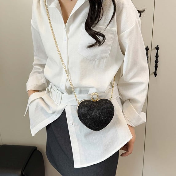 Women’s Heart Shaped Crossbody Bag Small Black Faux Leather Evening Clutch Purse with Chain Strap for Wedding Prom Party Date Night