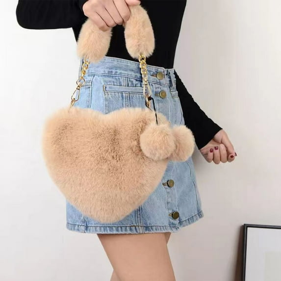 Women's Heart Shaped Crossbody Bag with Chain Strap, Soft Faux Plush Handbag with Zipper Closure & Lining, Chain Shoulder Bag Purse (Khaki)