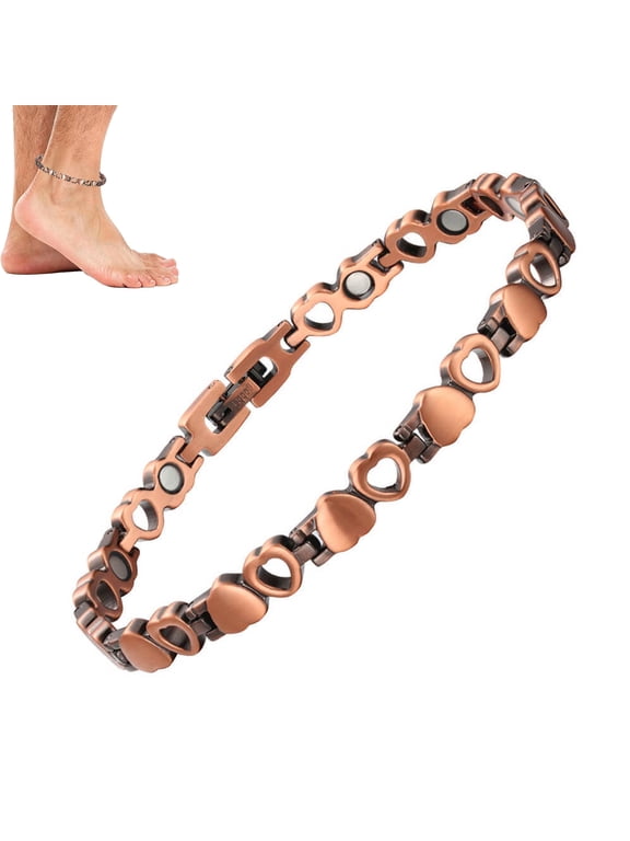Women's Heart Shaped Pure Copper Anklet, Adjustable Chain 9.0-9.6-10 Inches with Inlaid Magnets