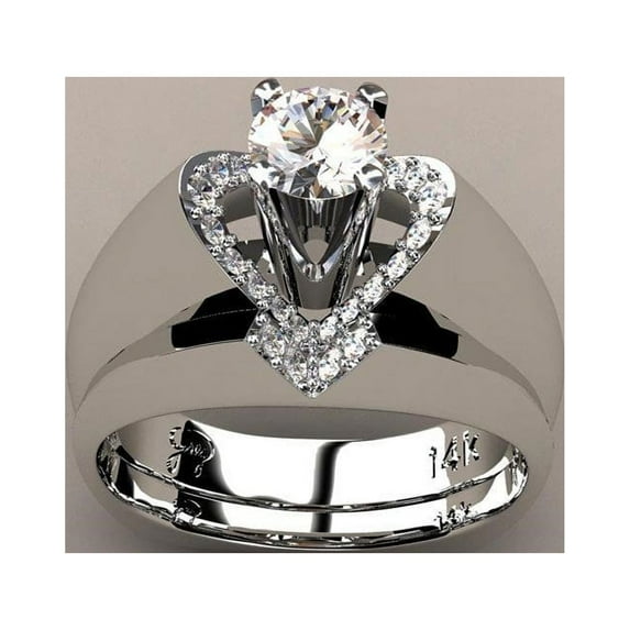 Women's Heart Shaped Silver Diamond Ring Set Engagement Wedding Band Ring