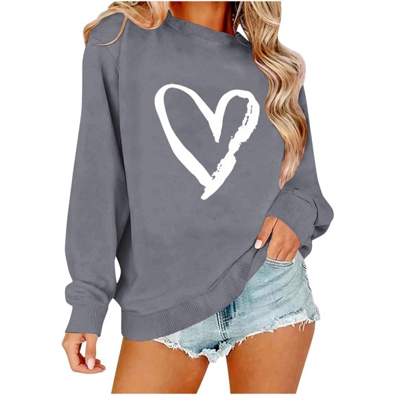 Women's Heart Sweater Crew Neck Casual Long Sleeve Loose fit Love Print Pullover Top