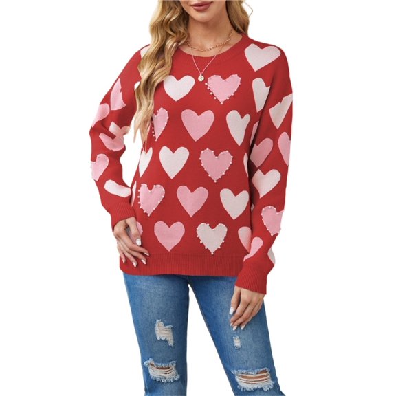 Women's Heart Sweater Valentine Crew Neck Cute Ribbed Knit Loose Casual Pullover Sweaters Tops Loose Sweater