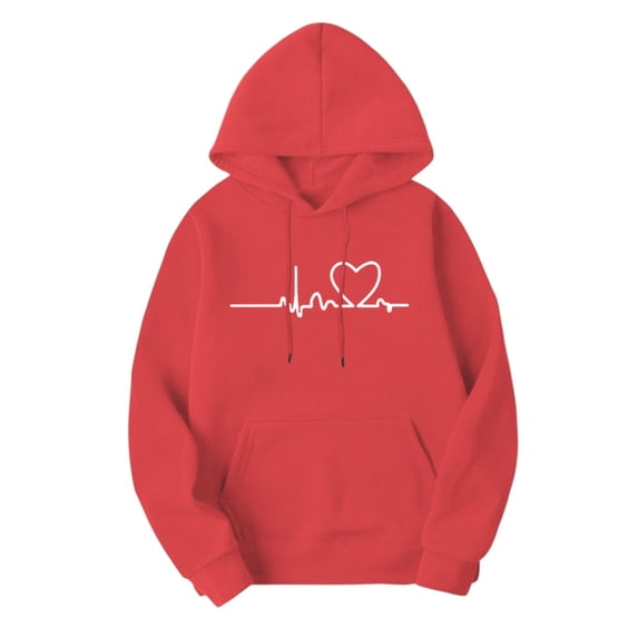 Women's Heartbeat Print Hoodie Pullover Fleece Lined Long Sleeve Sweatshirt with Drawstring Hood and Kangaroo Pocket Casual Graphic Hooded Top