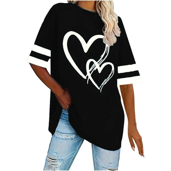 Women's Hearts Printed Oversized T-shirts Striped Short Sleeve Crew Neck Casual Summer Baggy Tee Shirt Tshirts (2XL, Black)