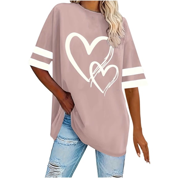 Women's Hearts Printed Oversized T-shirts Striped Short Sleeve Crew Neck Casual Summer Baggy Tee Shirt Tshirts (5XL, Khaki)
