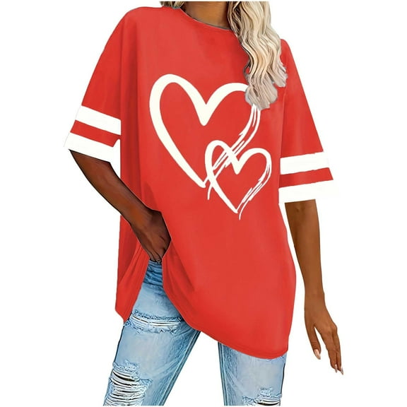 Women's Hearts Printed Oversized T-shirts Striped Short Sleeve Crew Neck Casual Summer Baggy Tee Shirt Tshirts (5XL, Red)
