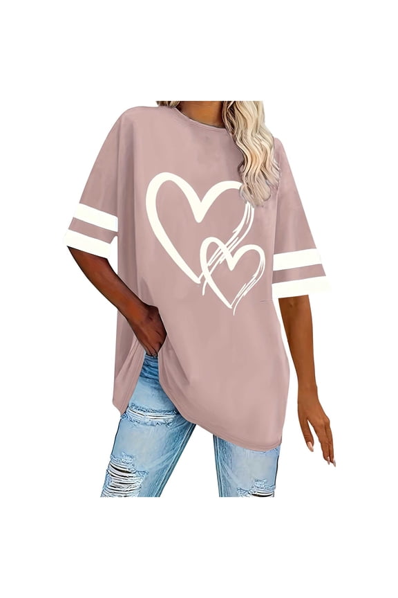 Women's Hearts Printed Oversized T-shirts Striped Short Sleeve Crew Neck Casual Summer Baggy Tee Shirt Tshirts (XL, Khaki)