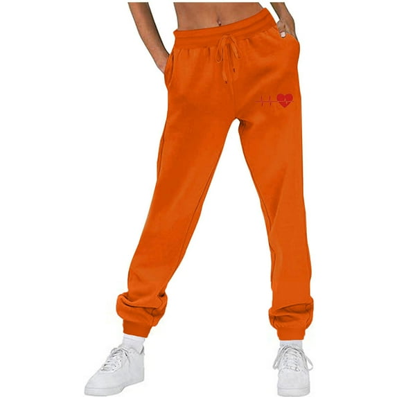 Women's Hearts Trousers Casual Plush Thickened Velvet Thermal High Waist Running Fitness Sports Pants Orange XL