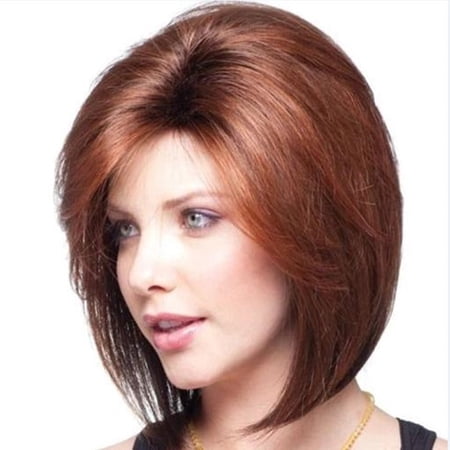 Women's Heat-Resistant Short Straight Hair Wig - Brown Red Side-Parted Bangs with Simulated Scalp, Lightweight & Natural Look for Daily Wear and Parties