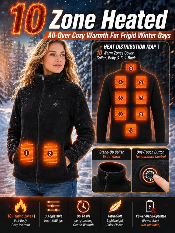 Women's Heated Fleece Jacket with 10 Heating Zones, 3 Heat Settings, Soft Polar Fleece Fabric, Stand Collar, One-Touch Control, USB Powered Design (Power Bank Not Included).