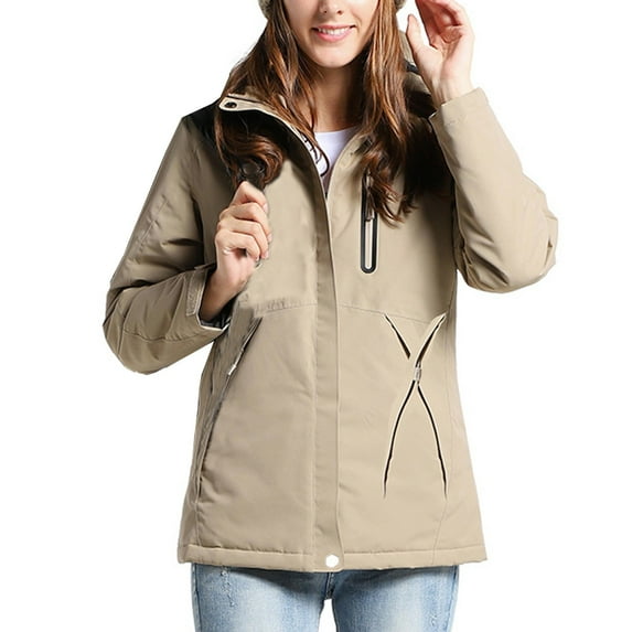 Women's Heated Jacket Fast Warm Up 3 Zone Usb Charging Detachable Hood Solid Color Windproof Puffer Jacket Long Sleeve Zip Up Coat Oversized Jacket for Women