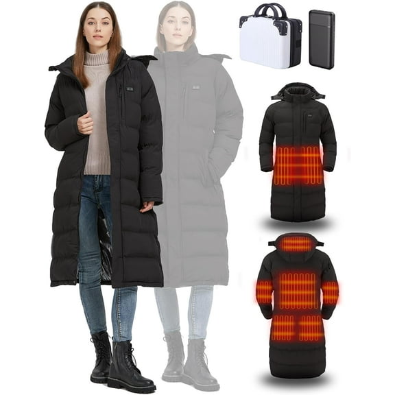Women's Heated Long Jacket with Battery Pack Winter Coat for Women with Box