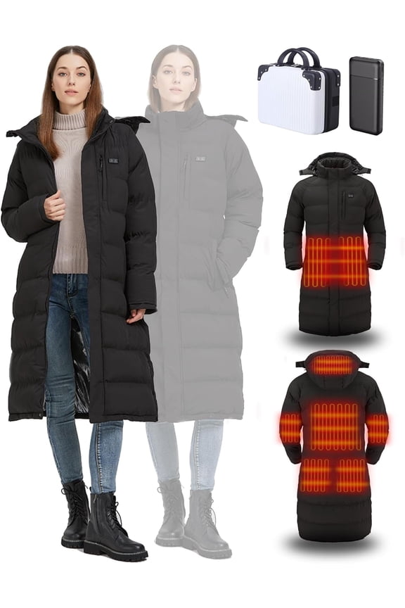 Women's Heated Long Jacket with Battery Pack Winter Coat for Women with Box