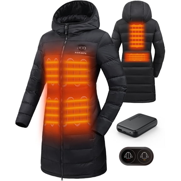 Women's Heated Long Sleeve Puffer Down Jacket with 7.4V Battery Pack, Dual Control 6 Heat Zones Winter Windproof Warm Slim Fit Coat with Hood for Commuting, Full-Zip Parka, Winter Outfits