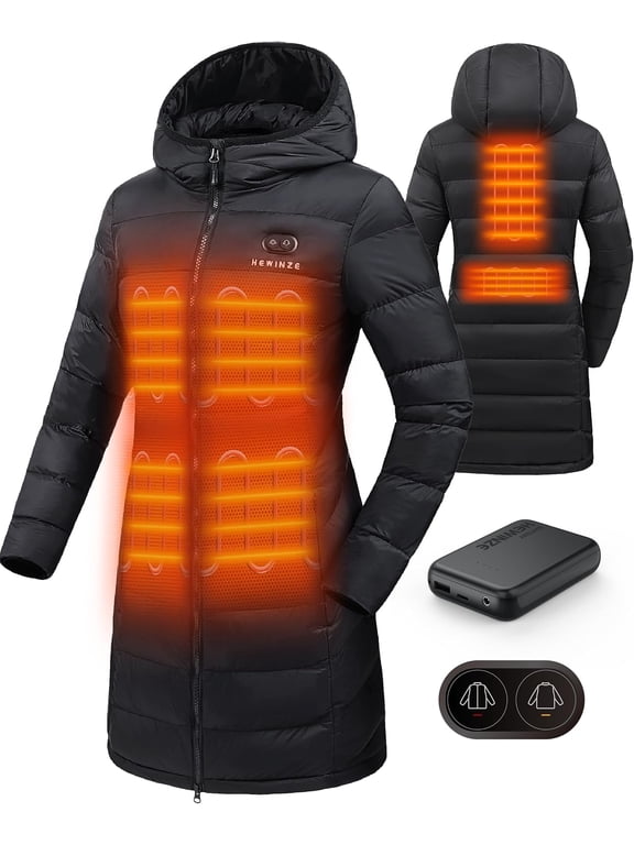 Women's Heated Long Sleeve Puffer Down Jacket with 7.4V Battery Pack, Dual Control 6 Heat Zones Winter Windproof Warm Slim Fit Coat with Hood for Commuting, Full-Zip Parka, Winter Outfits