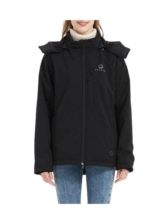 Women's Heated Soft Shell Jacket with Detachable Hood Windproof Warm Lightweight Flexible Casual Outerwear