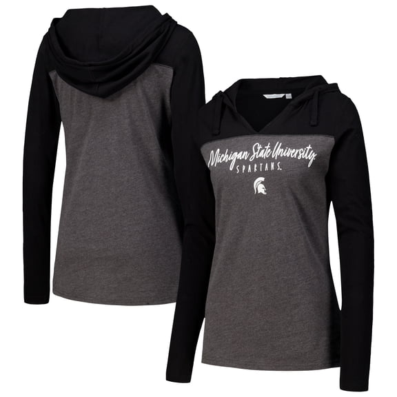 Women's Heather Charcoal Michigan State Spartans Knockout Color Block Hooded V-Neck Long Sleeve T-Shirt