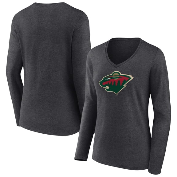 Women's Heather Charcoal Minnesota Wild Primary Team Logo Long Sleeve V-Neck T-Shirt