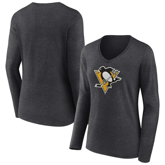 Women's Heather Charcoal Pittsburgh Penguins Primary Team Logo Long Sleeve V-Neck T-Shirt