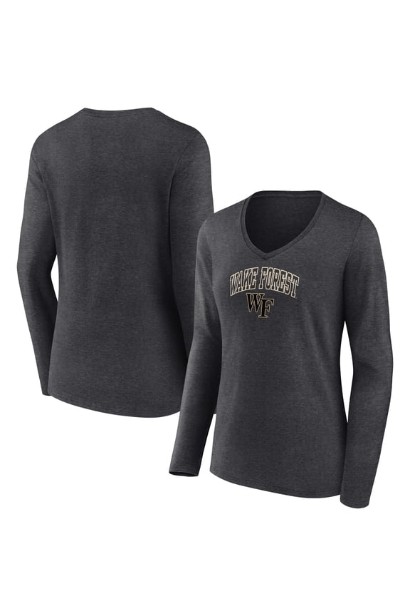 Women's Heather Charcoal Wake Forest Demon Deacons Campus Long Sleeve V-Neck T-Shirt