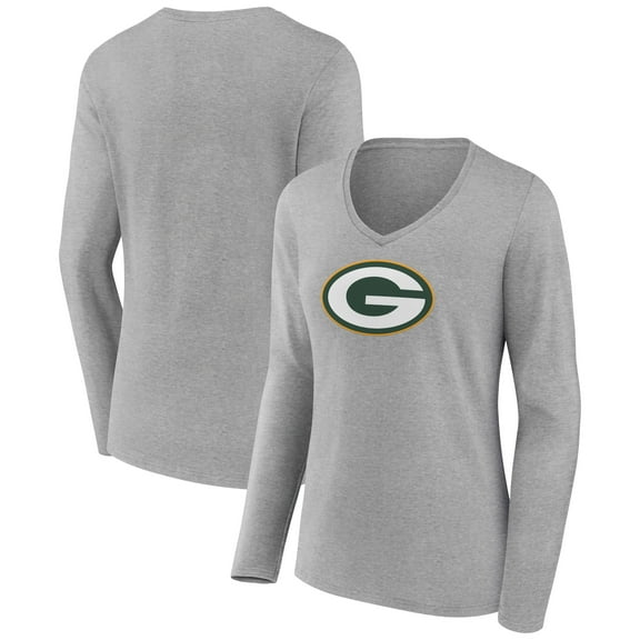Women's Heather Gray Green Bay Packers Primary Team Logo Long Sleeve V-Neck T-Shirt