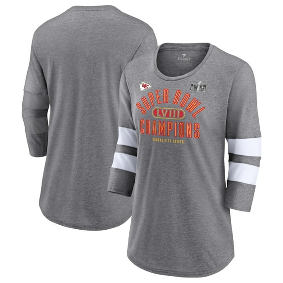 Women's Heather Gray Kansas City Chiefs Super Bowl LVIII Champions Under the Lights Tri-Blend 3/4-Sleeve T-Shirt