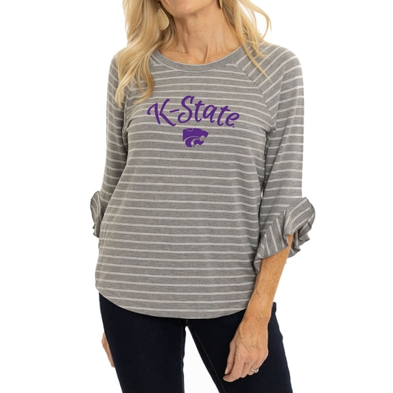 Women's Heather Gray Kansas State Wildcats Renatta Striped Ruffle Sleeve Top