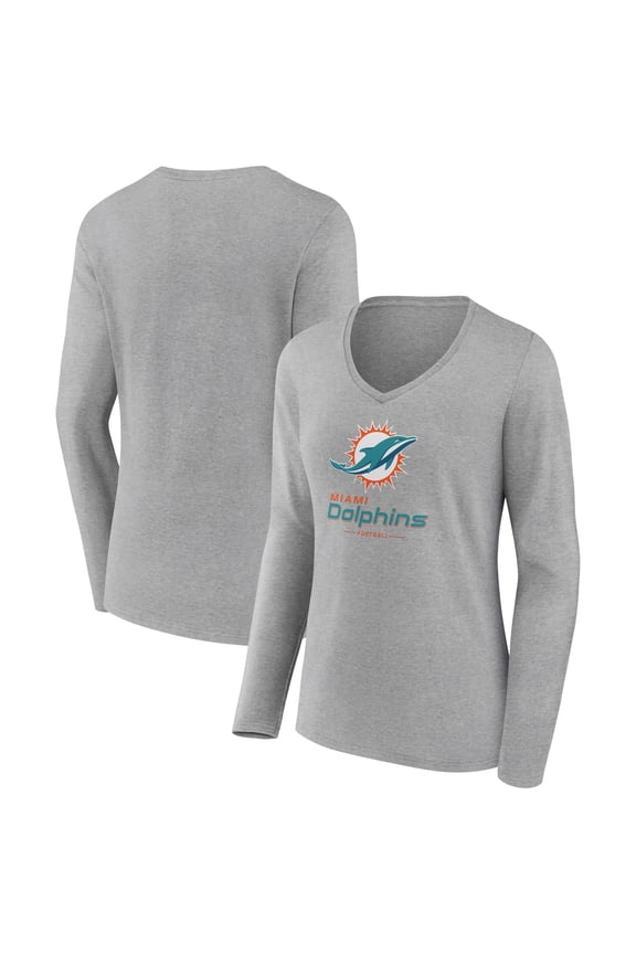 Women's Heather Gray Miami Dolphins Logo Team Lockup Long Sleeve V-Neck T-Shirt