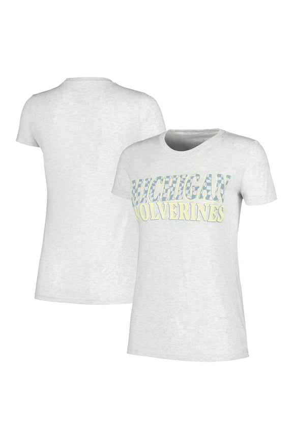 Women's Heather Gray Michigan Wolverines Checkered Team Name Wavy Tri-Blend T-Shirt
