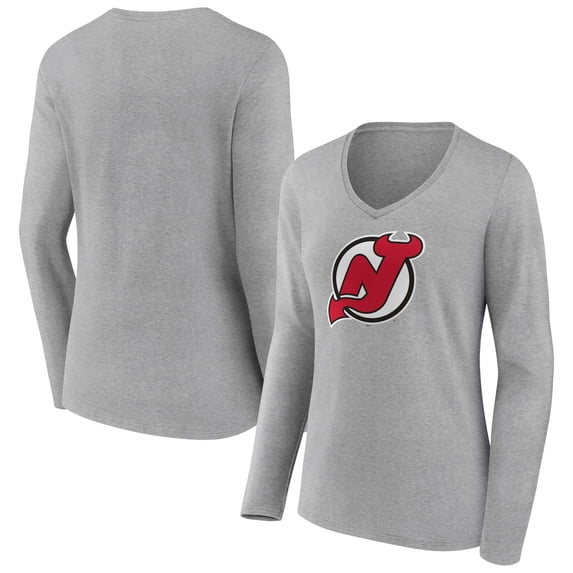 Women's Heather Gray New Jersey Devils Primary Logo Team Long Sleeve V-Neck T-Shirt
