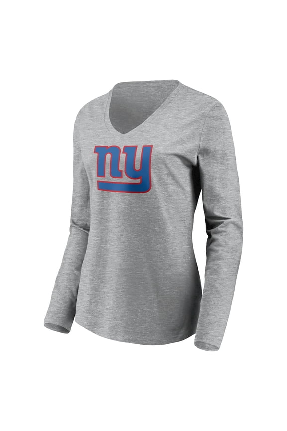 Women's Heather Gray New York Giants Primary Team Logo Long Sleeve V-Neck T-Shirt