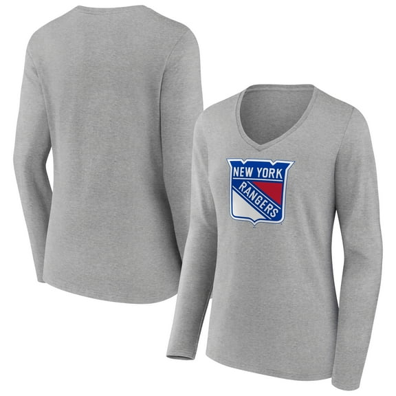 Women's Heather Gray New York Rangers Primary Logo Team Long Sleeve V-Neck T-Shirt