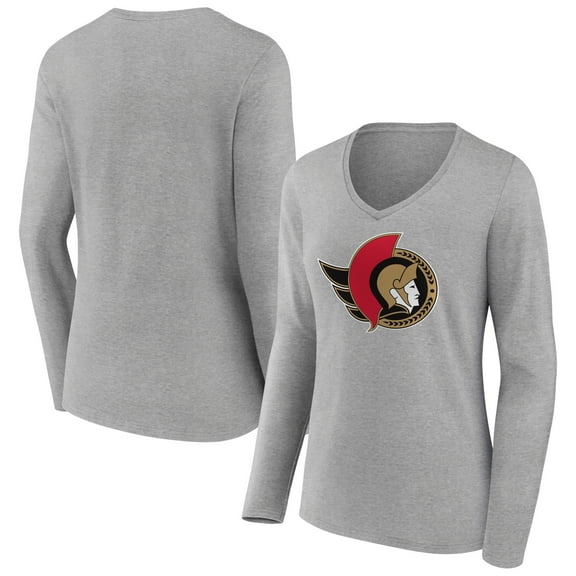 Women's Heather Gray Ottawa Senators Primary Logo Team Long Sleeve V-Neck T-Shirt