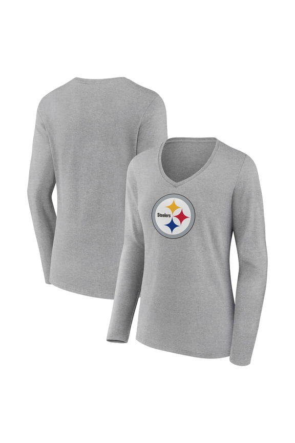 Women's Heather Gray Pittsburgh Steelers Primary Team Logo Long Sleeve V-Neck T-Shirt