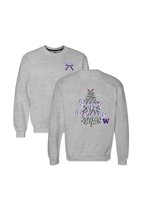 Women's  Heather Gray Washington Huskies Classic Merry Christmas Tree Crewneck Sweatshirt