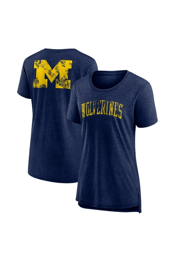 Women's Heather Navy Michigan Wolverines Slab Serif Tri-Blend T-Shirt
