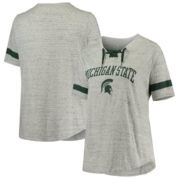 Women's Heathered Gray/Green Michigan State Spartans Plus Size Lace-Up V-Neck T-Shirt
