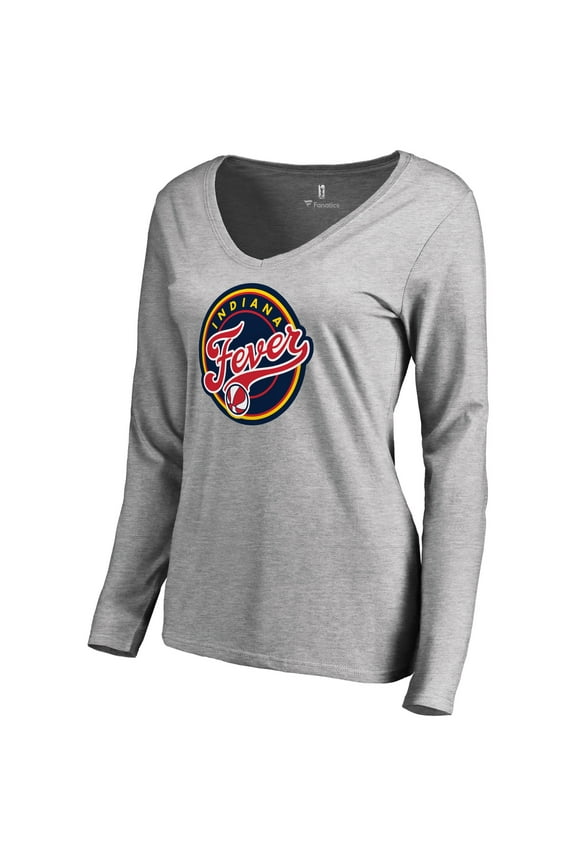 Women's Heathered Gray Indiana Fever Primary Logo Long Sleeve V-Neck T-Shirt