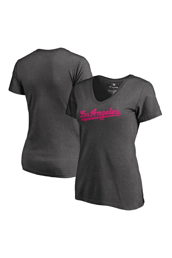 Women's Heathered Gray Los Angeles Dodgers Pink Wordmark V-Neck T-Shirt