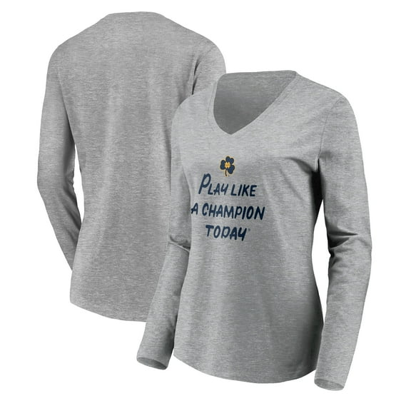 Women's Heathered Gray Notre Dame Fighting Irish Play Like A Champion Today Shamrock Long Sleeve V-Neck T-Shirt