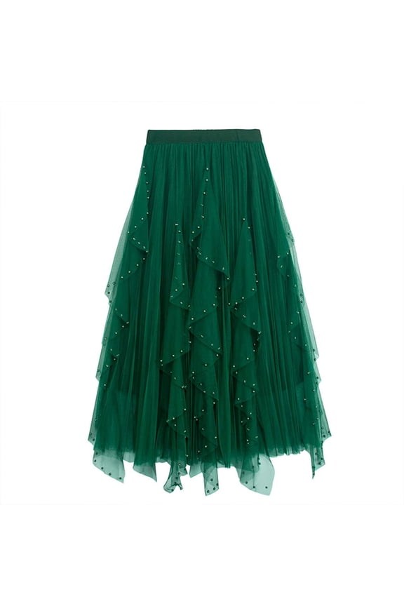 Women's Heavy Industry Nail Bead Mesh Skirt - High Waist Mid Length, Petal Design for Fashion