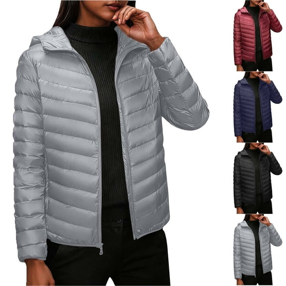 Women's Heavyweight Quilted Hooded Puffer Winter Jacket with Adjustable Waist Women's Solid Color Zipper Outerwear Long Sleeve Hooded Casual Fashionable Parkas Great Gifts for Less Gray M