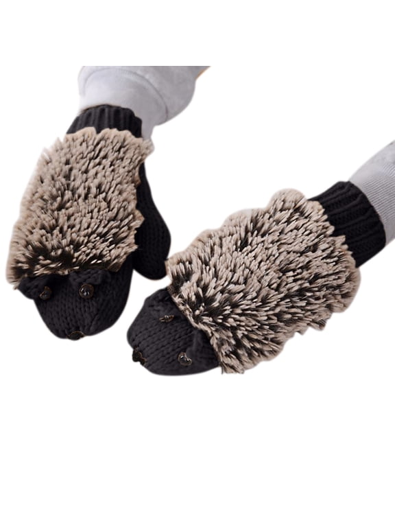 Women's Hedgehog Shape Winter Knitted Gloves, Thick Warm Lined Cotton Polyester Gloves for Women, Cute Animal Knitted Gloves for Skiing, Cycling, Hiking and Outdoor Sports Black