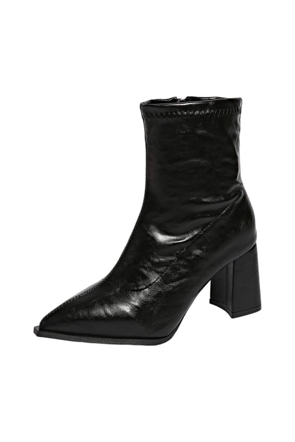 Women's Heeled Ankle Bootie Boot Chunky Block Heel Knee Booties Smooth Leather Boots Trendy 2025 Retro Boot Shoes