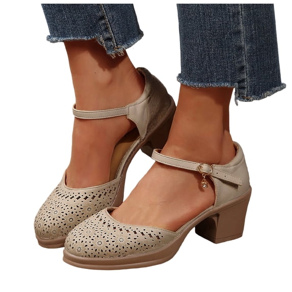 Women's Heeled Sandals Boho Hollow out Closed Toe Heels Breathable Work Business Casual Shoes with Arch Support Brown Size 7.5