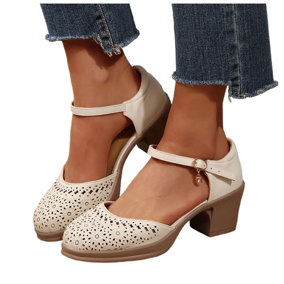 Women's Heeled Sandals Boho Hollow out Closed Toe Heels Breathable Work Business Casual Shoes with Arch Support White Size 7.5
