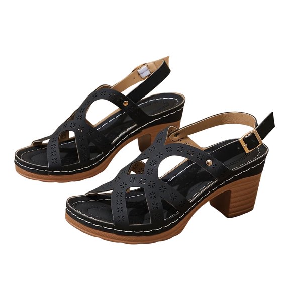 Women's Heeled Sandals Open Toe Chunky Heels Adjustable Ankle Strap Hollow out Soft Leather Dress Shoes Ladies Summer Casual Footwear Black Size 8.5